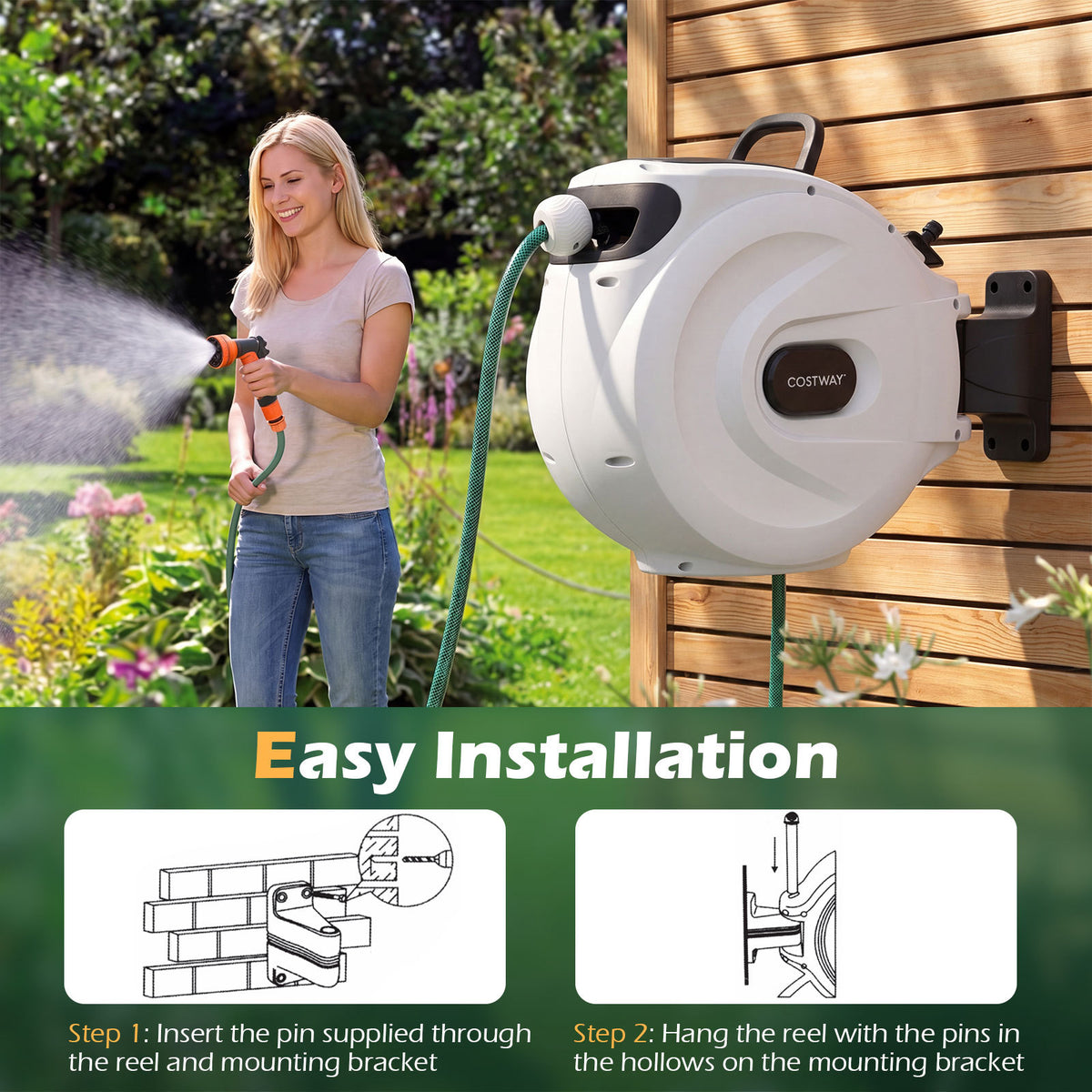 Retractable Garden Hose Reel 1.5 cm x 30 m Heavy Duty Wall Mount Hose Reel-White