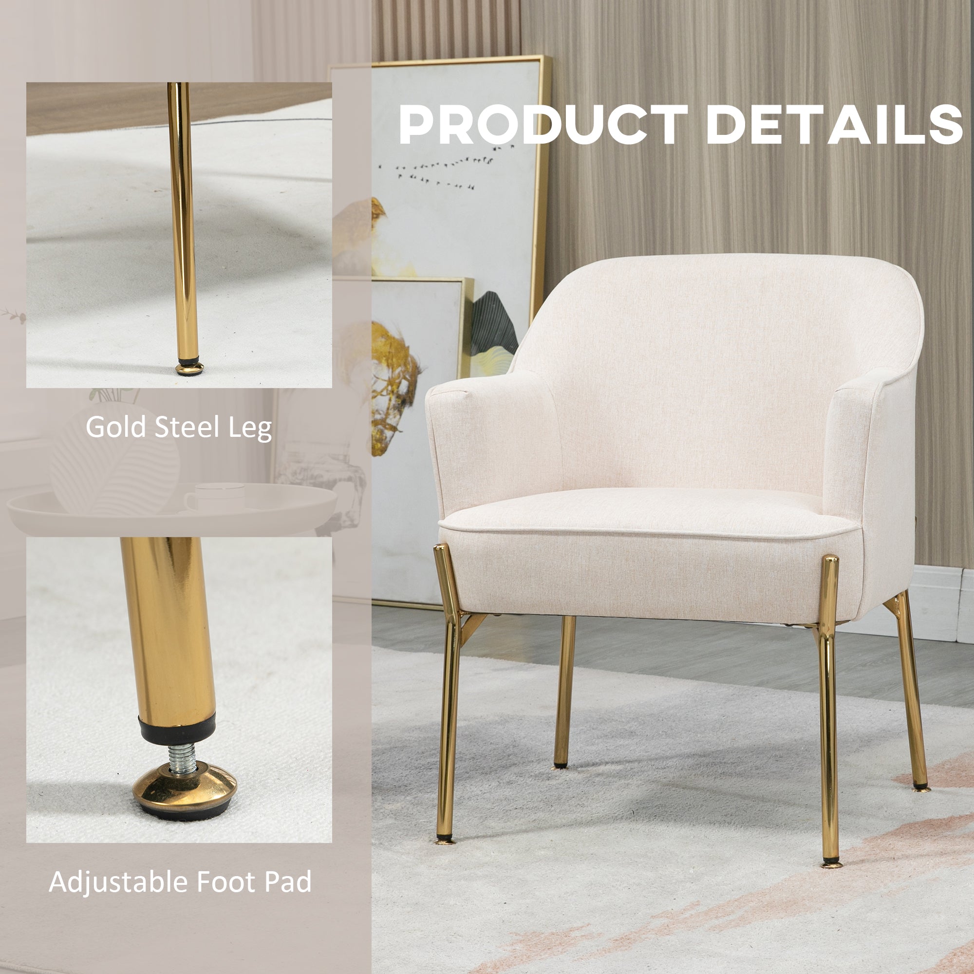 HOMCOM Accent Chair, Living Room Armchair, Vanity Chair with Gold Plating Metal Legs and Soft Padded Seat for Bedroom and Cafe, Set of 2, White
