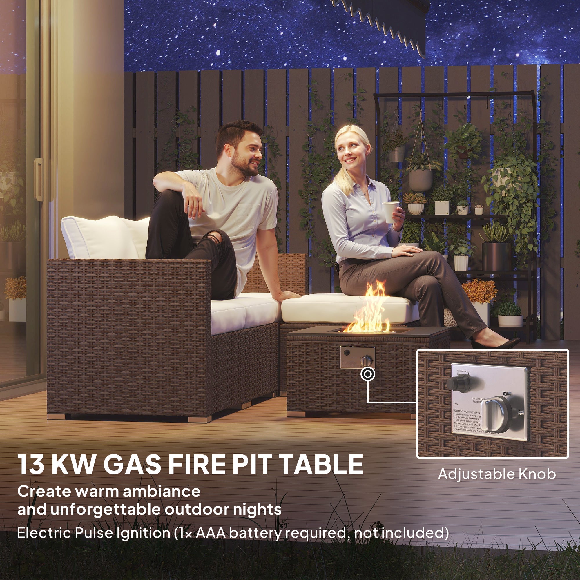 Outsunny Five Piece Rattan Garden Furniture Set with Gas Fire Pit Table and Footstool - Brown and Cream White