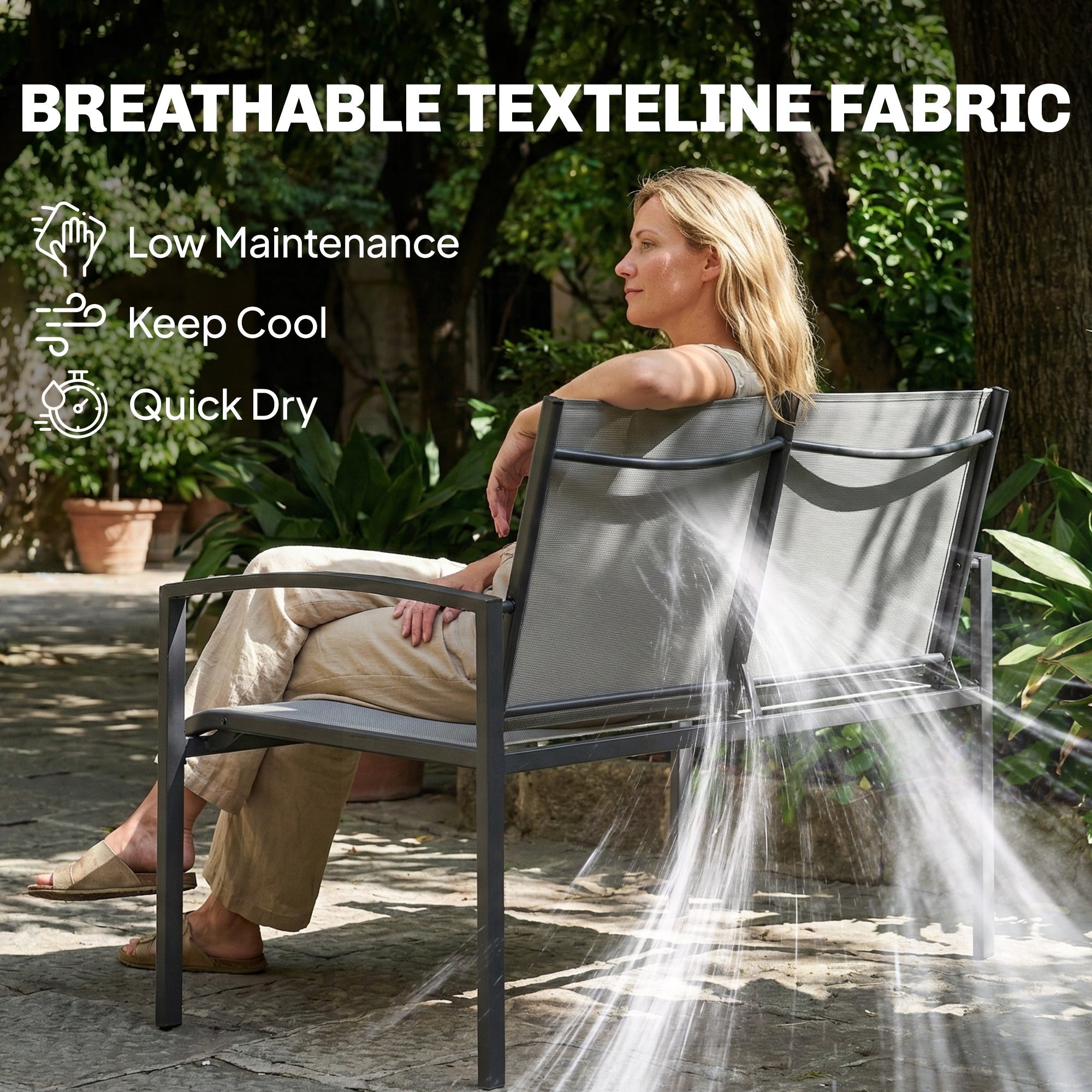 Outsunny Metal Garden Bench, 2 Seater Outdoor Furniture Seating with Breathable Texteline Fabric, Park Patio Seat, Grey