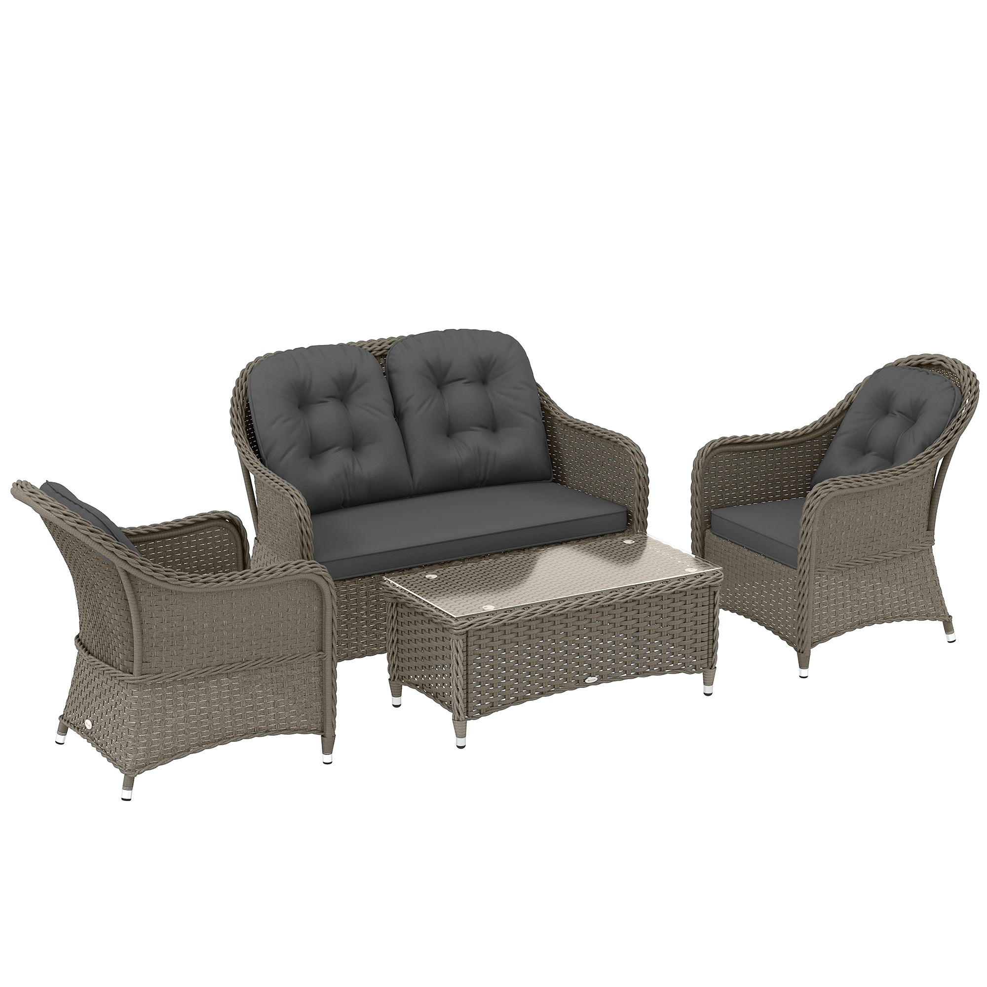 Outsunny Four-Piece Rattan Sofa Set, with Glass-Top Table - Light Grey
