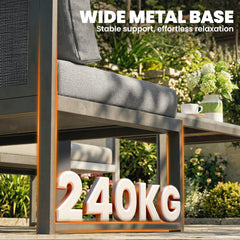 Outsunny 6 Seater Metal Garden Furniture Corner Sofa Set with 3 Loveseats, Faux Wood Table, Texteline Seat, Cushions, Dark Grey