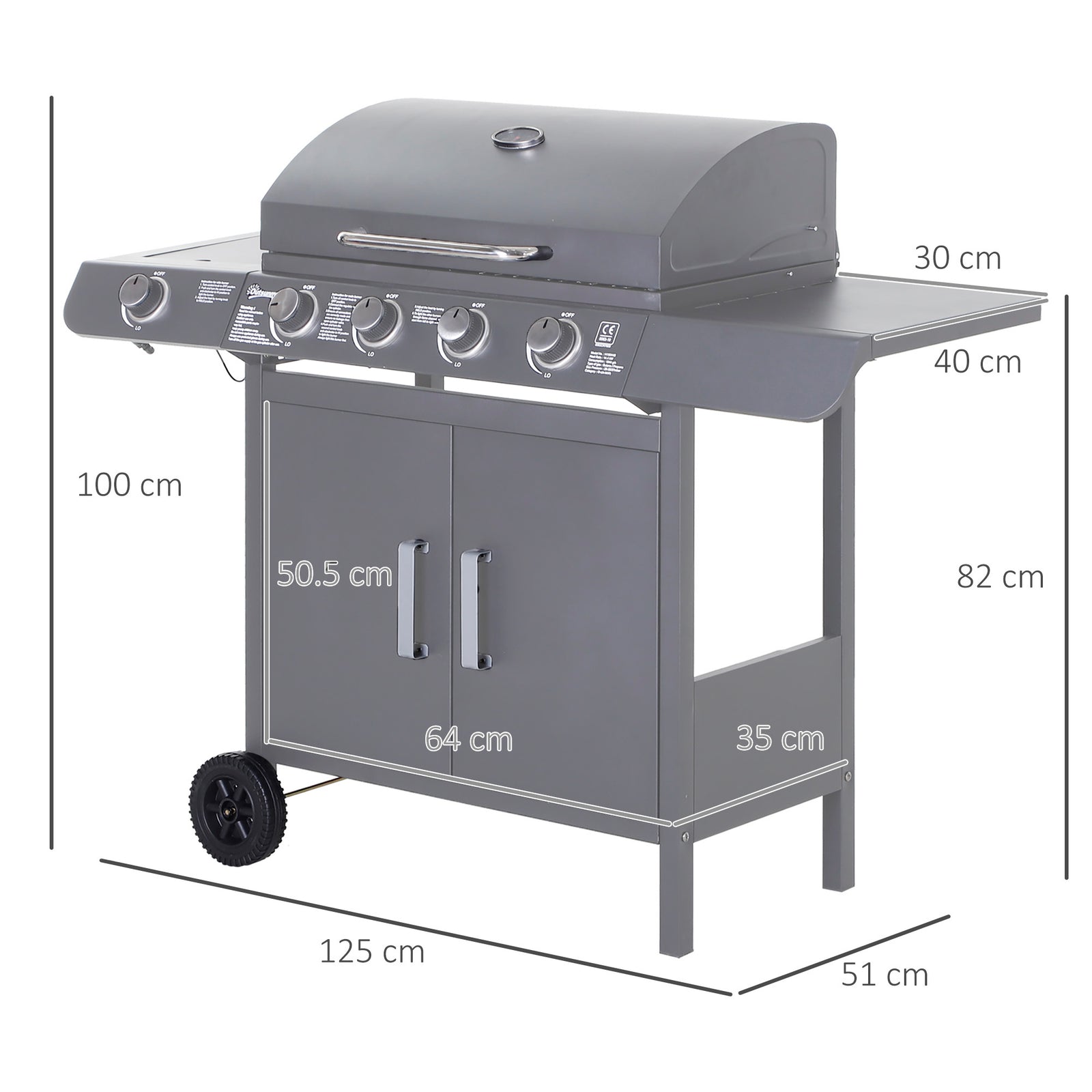 Outsunny 4+1 Burner Gas BBQ Grill, Outdoor Barbecue Trolley with Wheels, Warming Rack, Side Shelves, Cabinet, Thermometer for Garden, Party, Camping, 125L x 51W x 100Hcm, Grey