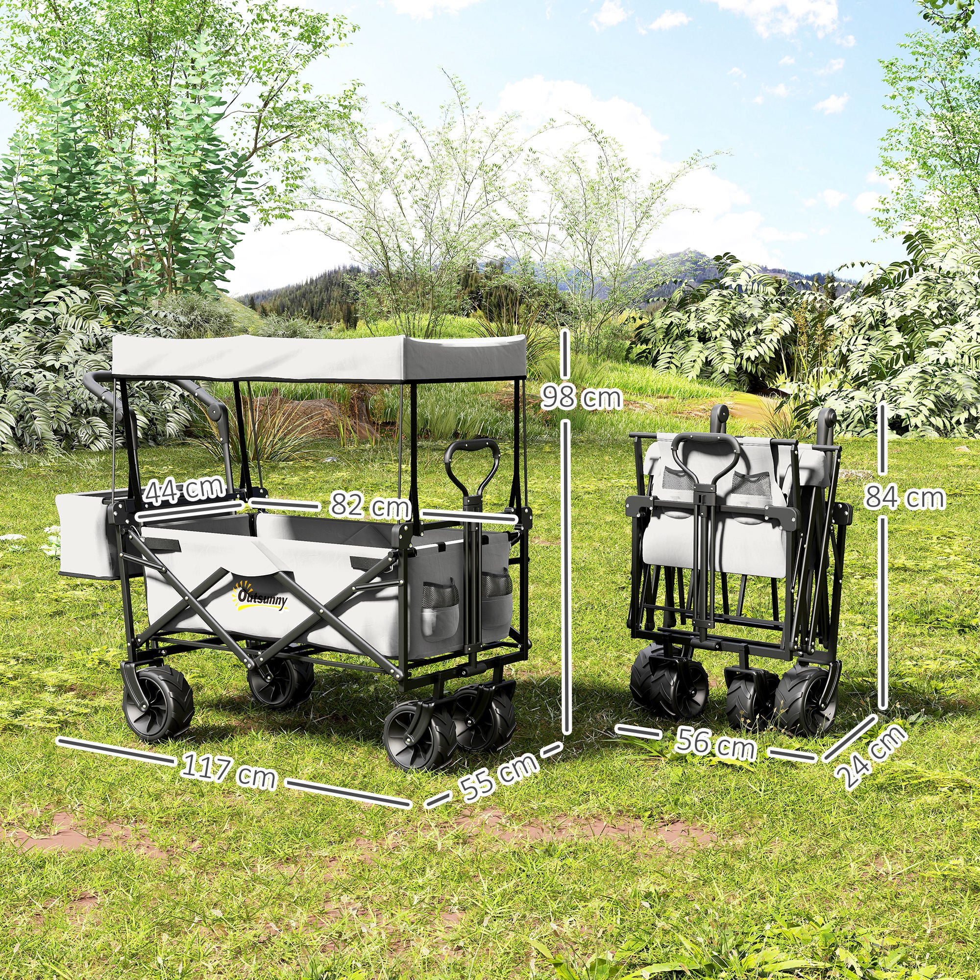 Outsunny Folding Trolley Cart Storage Wagon Beach Trailer 4 Wheels with Handle Overhead Canopy Cart Push Pull for Camping, Grey