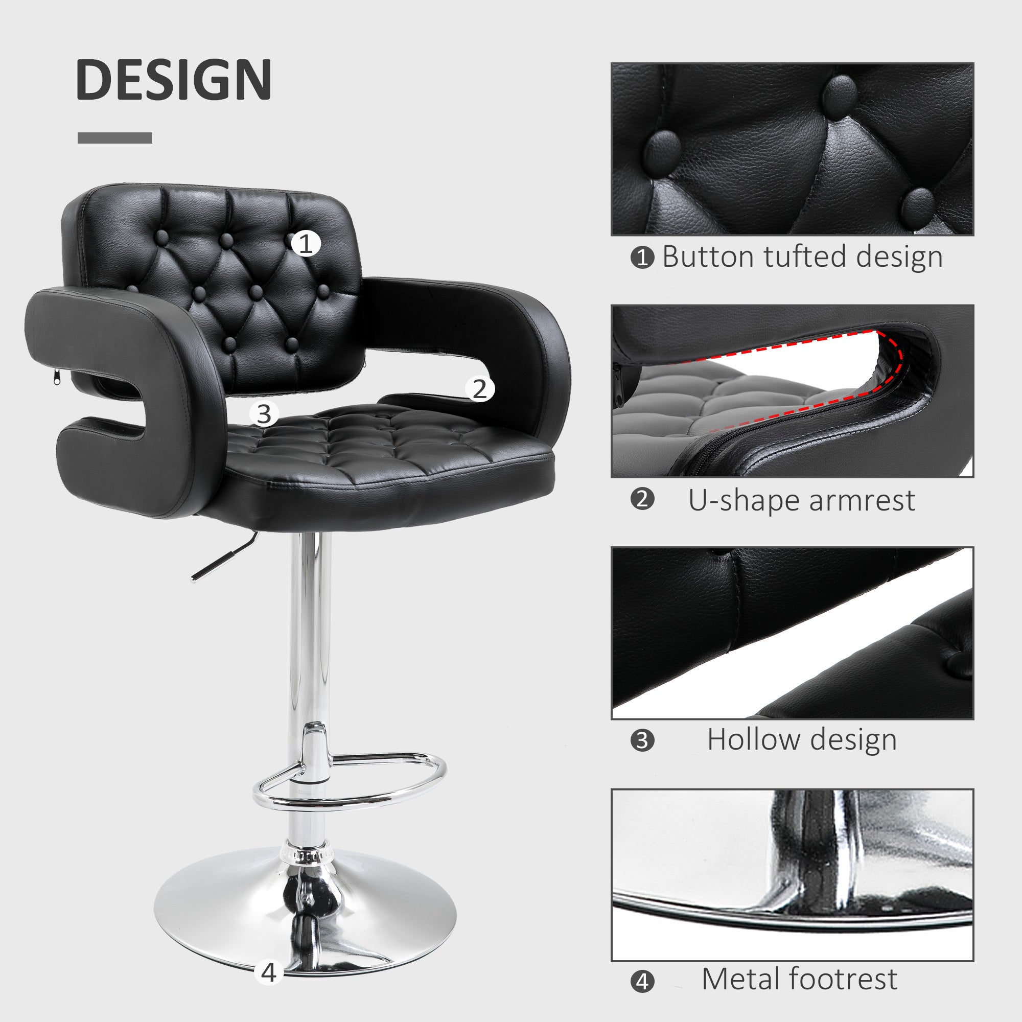 Set of 2 PU Leather Upholstered Swivel Bar Stool, Height Adjustable Barstool with Back, Armrest, Footrest for Kitchen