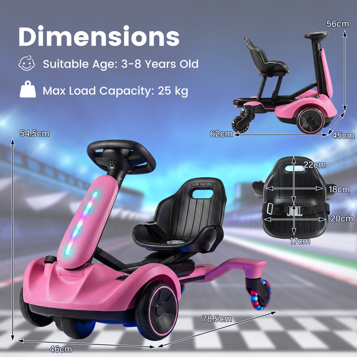 Ride on Drift Car for Kids 2-In-1 Go Kart with Adjustable Seat Sound LED Lights-Pink