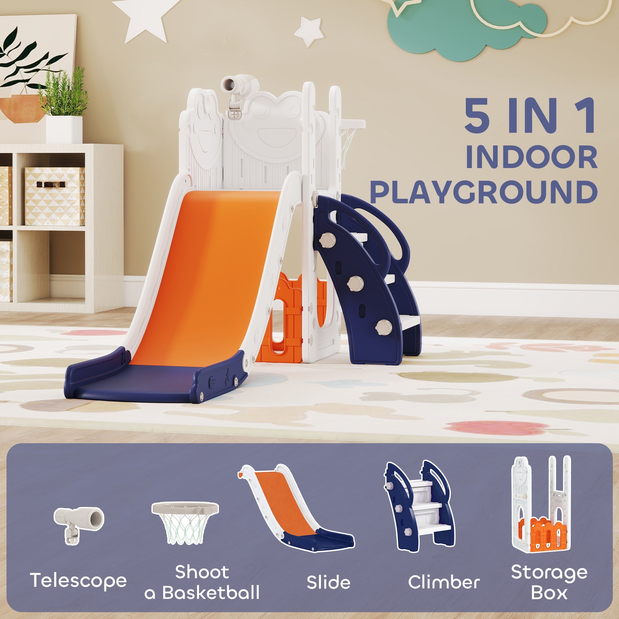 AIYAPLAY 5 in 1 Kids Slide Set with Basketball Hoop, Climbing Frame, Telescope, Storage Box for Toddlers Ages 1-3, Orange