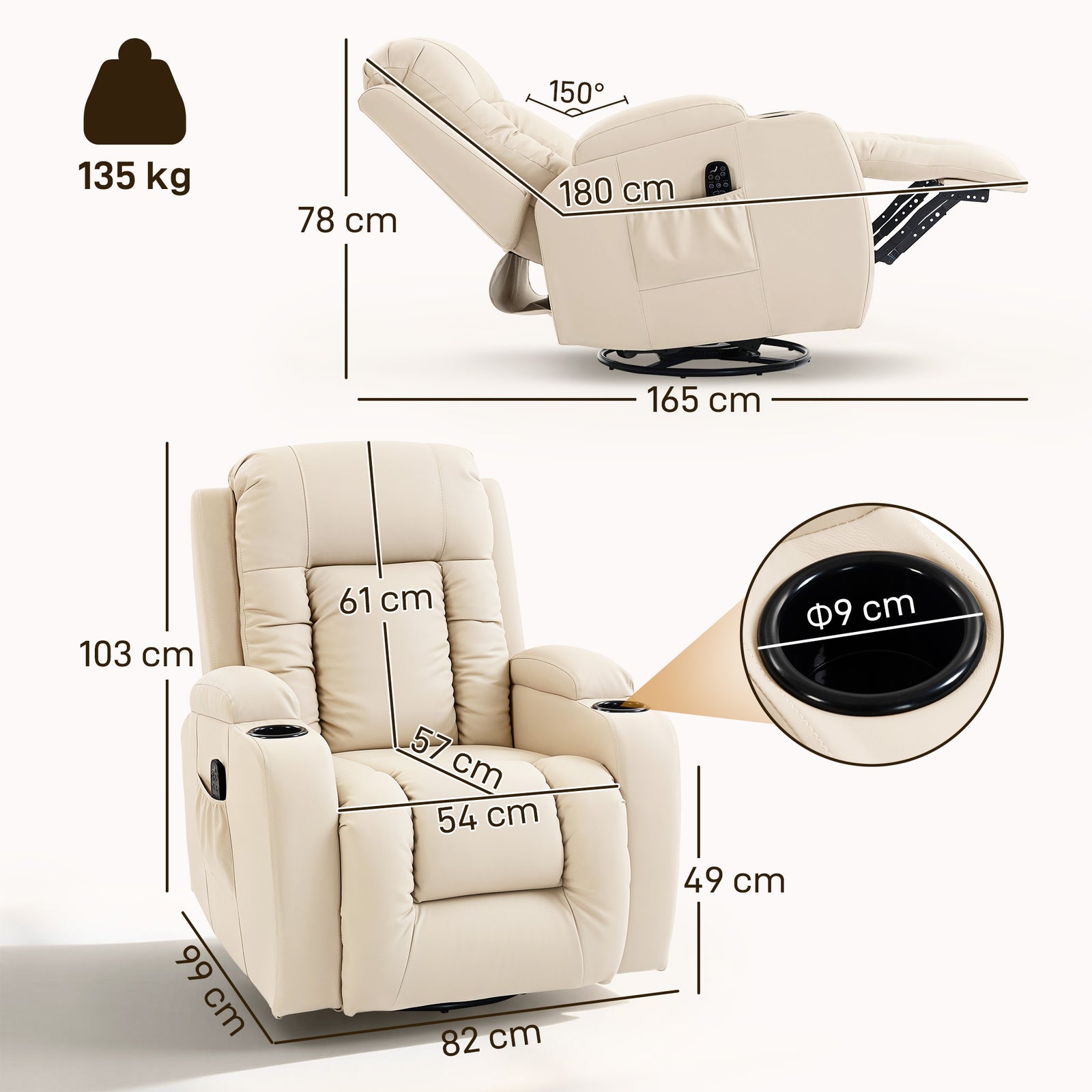HOMCOM PU Leather Recliner Chair, Recliner Armchair with Extended Footrest, Cup Holders and Side Pockets, Cream