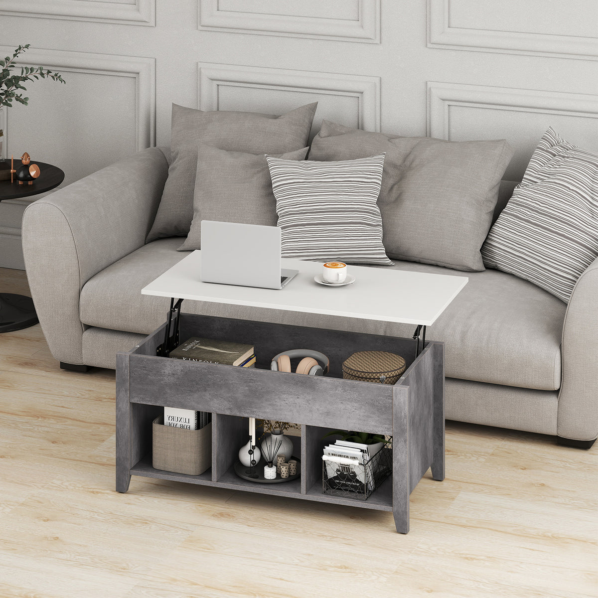 Rising Center Table with Lift Top Hidden Compartment-Grey