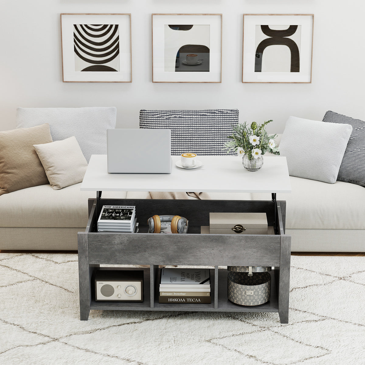 Rising Center Table with Lift Top Hidden Compartment-Grey