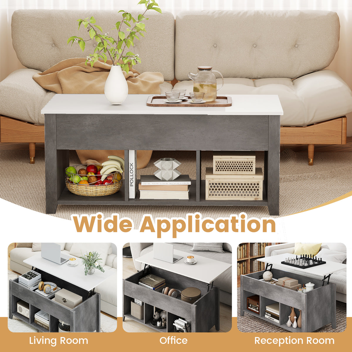 Rising Center Table with Lift Top Hidden Compartment-Grey