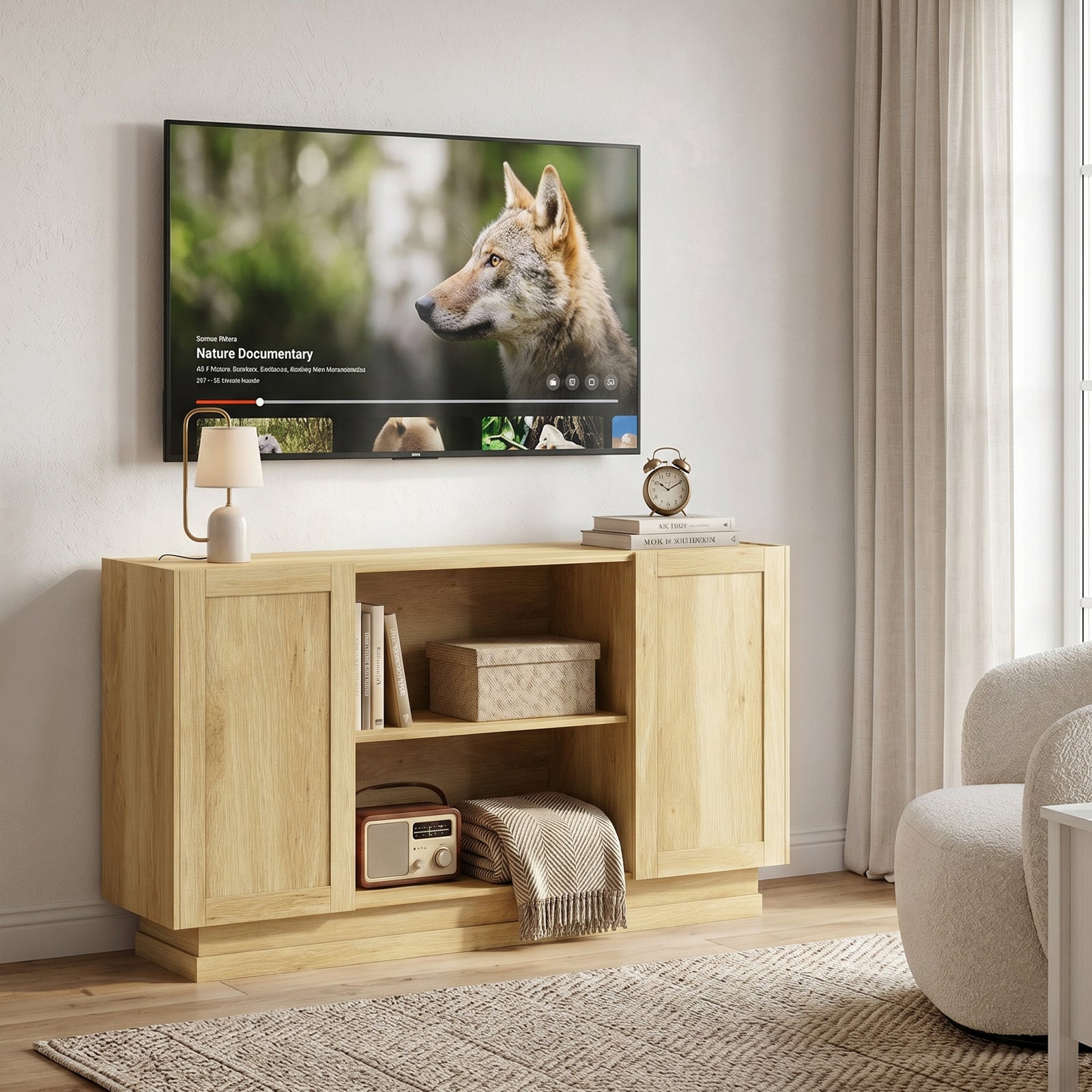 HOMCOM Sideboard Buffet Cabinet, 133 cm Storage Cabinet with 2 Open Shelves, 2 Cupboards and Soft Close Doors, Natural