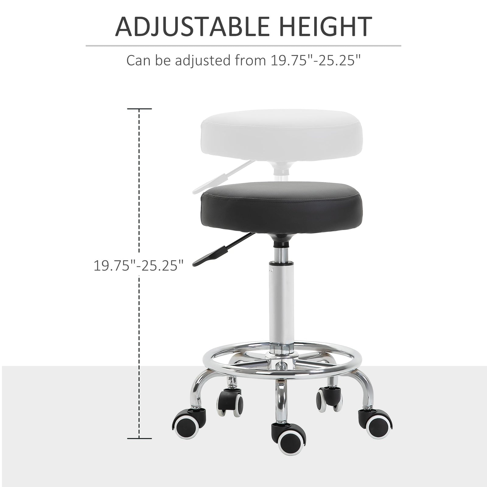 Vinsetto Round Rolling Stool, PU Leather Height Adjustable Stool Chair with Wheels and Swivel Seat for Salon, Massage, Spa, Home Kitchen, Black