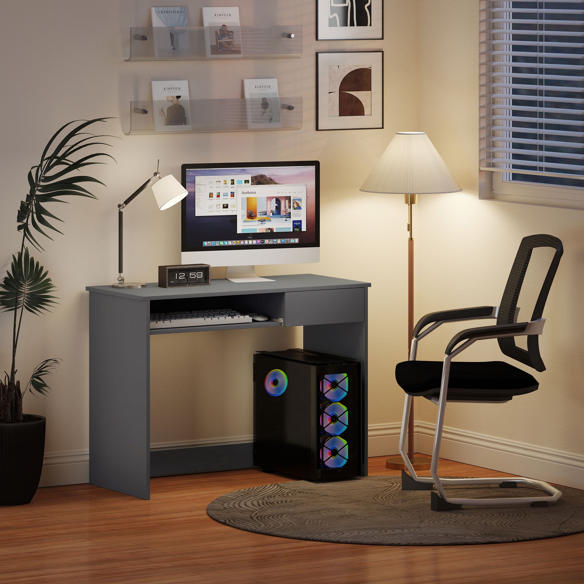 HOMCOM 100cm Compact Computer Desk with Keyboard Tray, Home Office Desk with Drawer for Bedroom Study, Grey