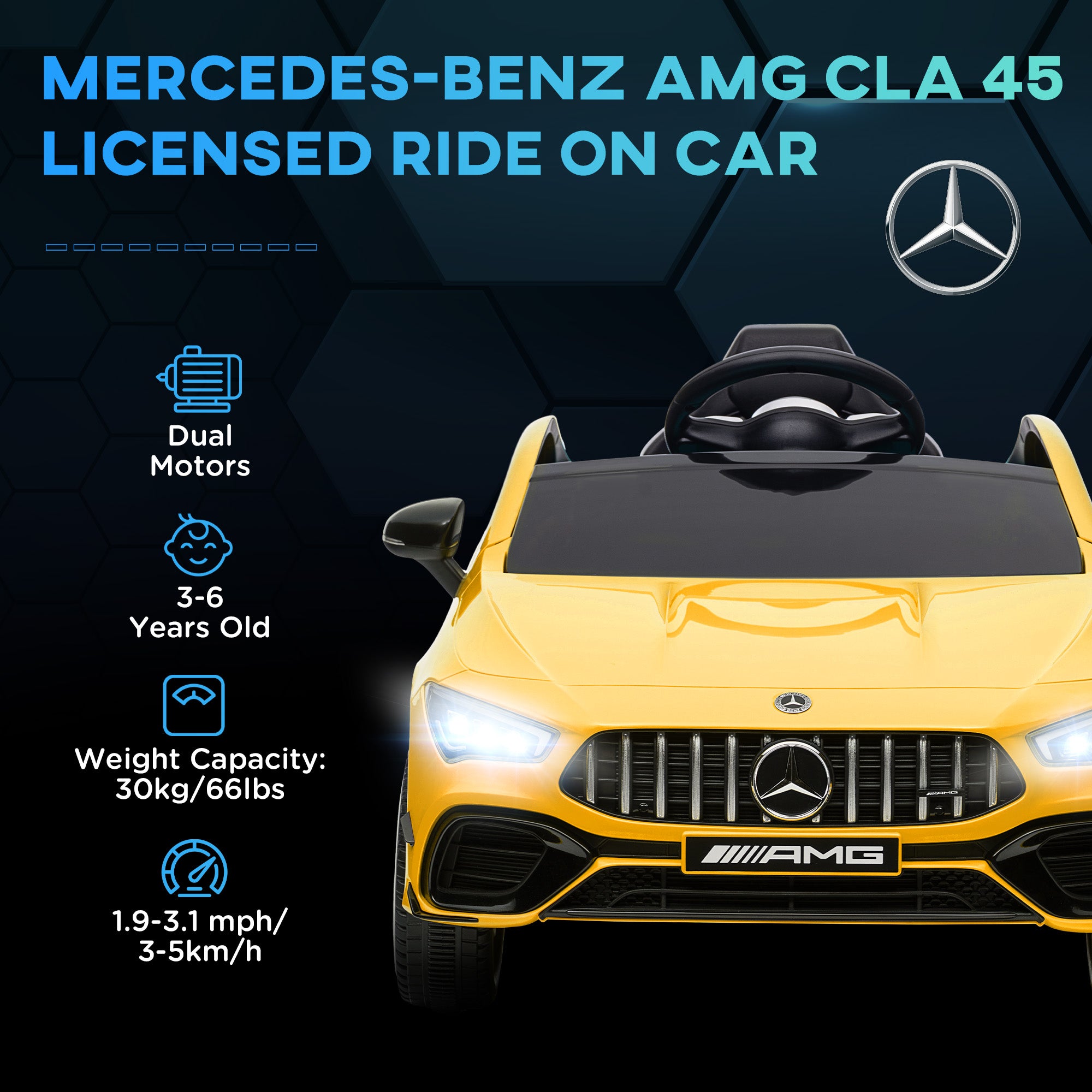 AIYAPLAY Mercedes-Benz AMG CLA 45 Licensed 12V Kids Electric Car Ride on Car w/ Remote, Suspension Lights Music Horn - Yellow