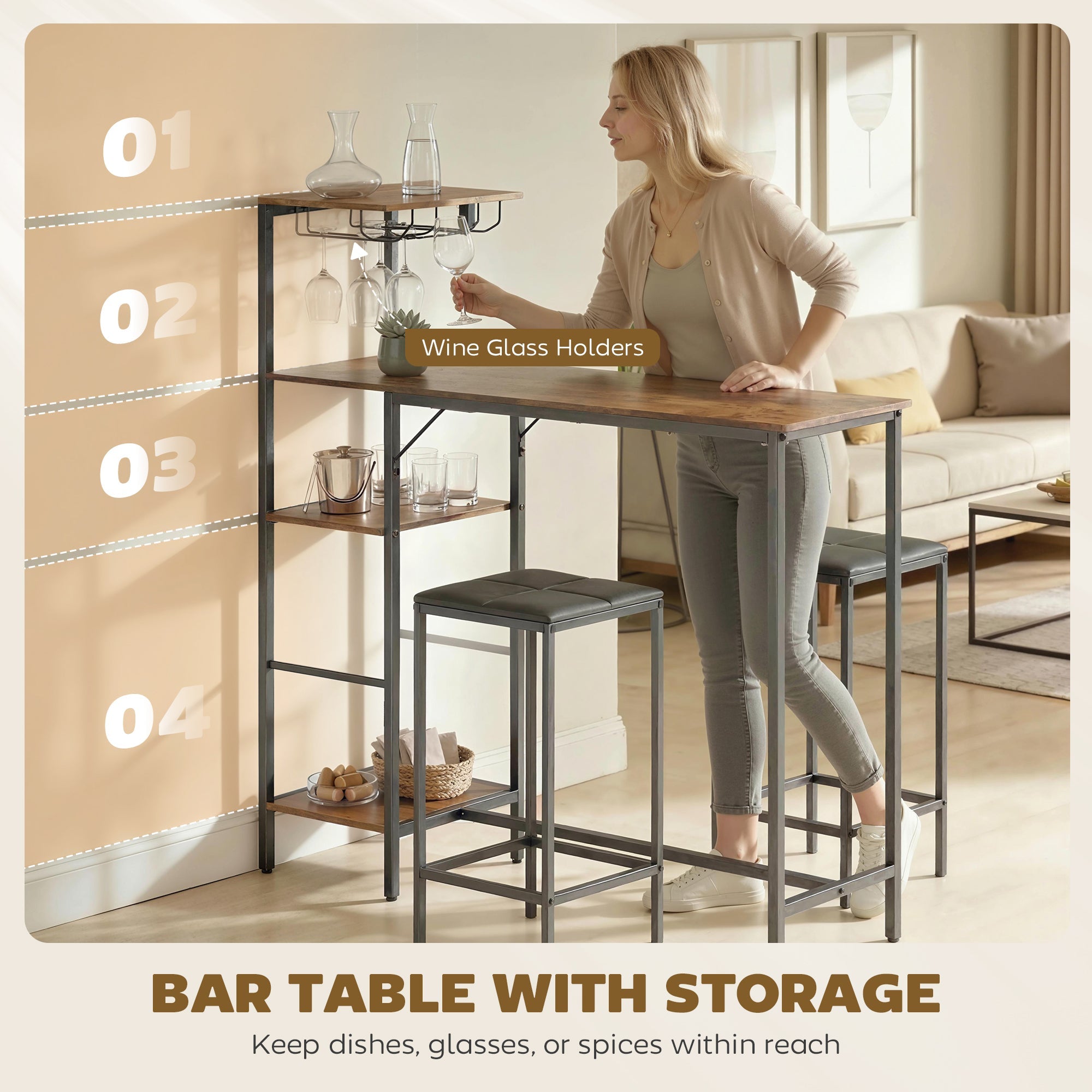 HOMCOM 3 Piece Breakfast Bar Table and Stools Set, Rustic Brown