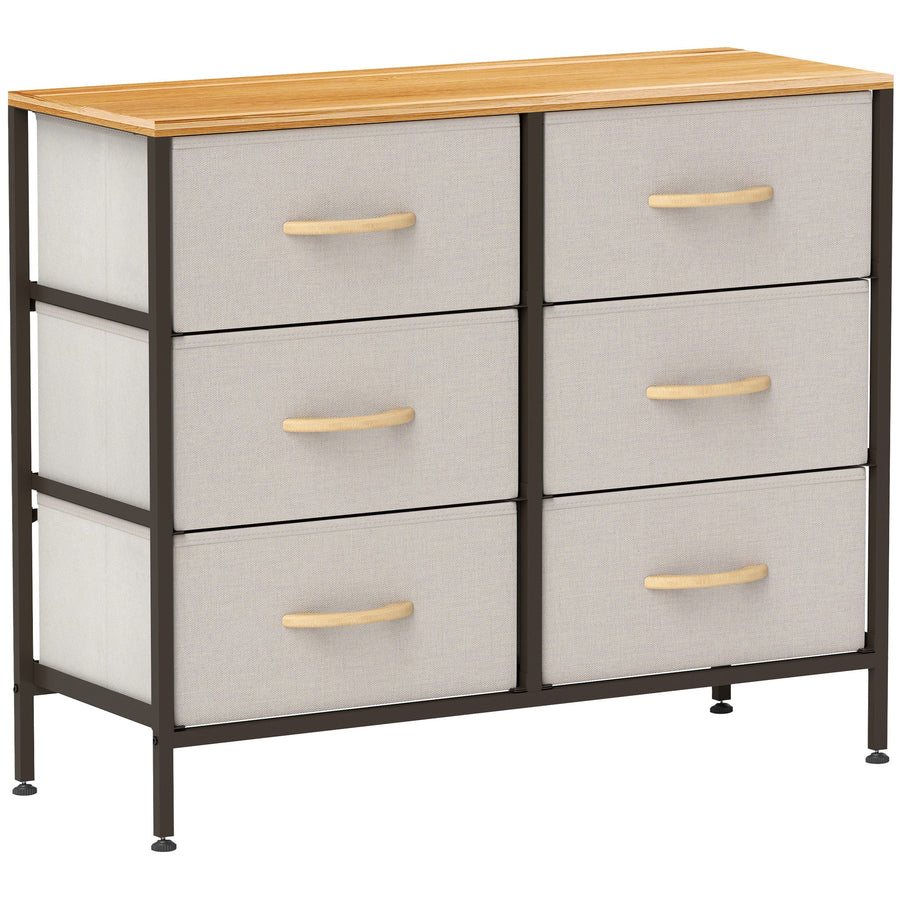 HOMCOM Fabric Chest of Drawers, Industrial Bedroom Dresser with 6 Fabric Drawers, Steel Frame and Wooden Top for Nursery, Living Room, Hallway, Cream White
