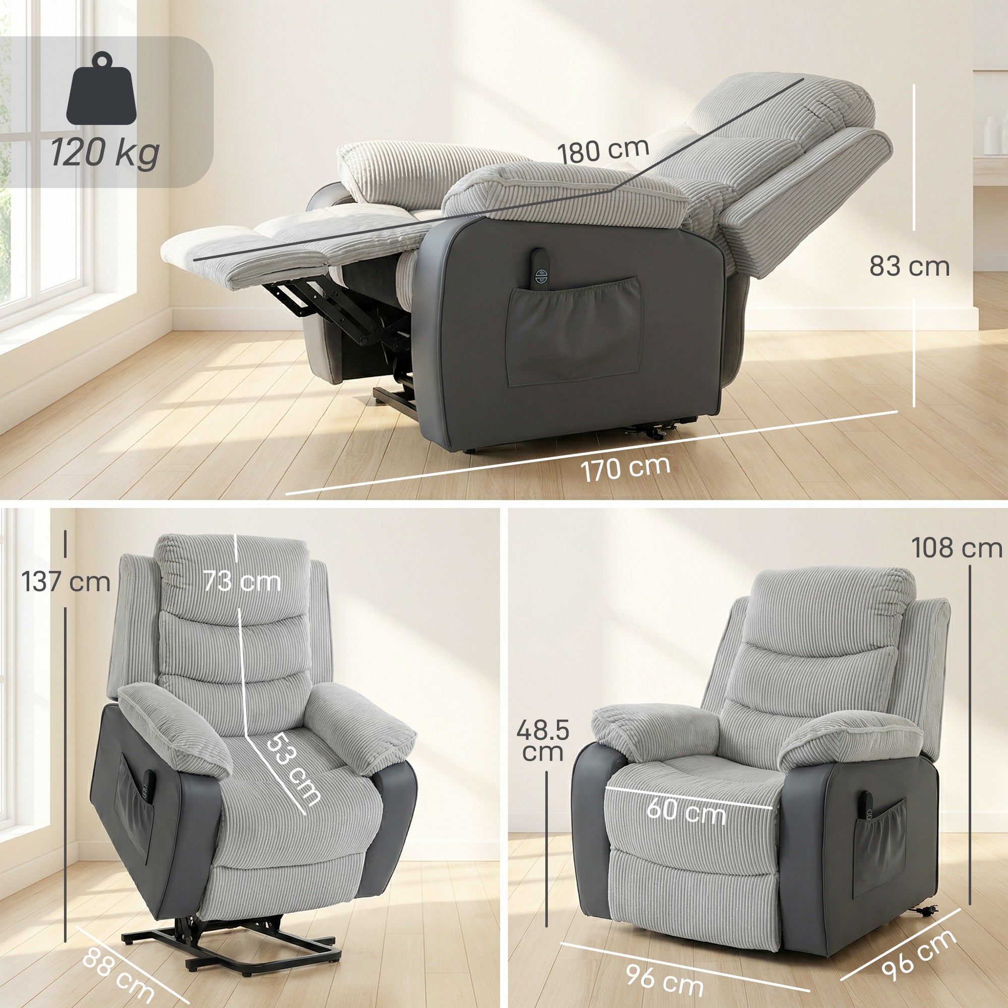 HOMCOM Overstuffed Corduroy Electric Lift Recliner Chair - Light Grey