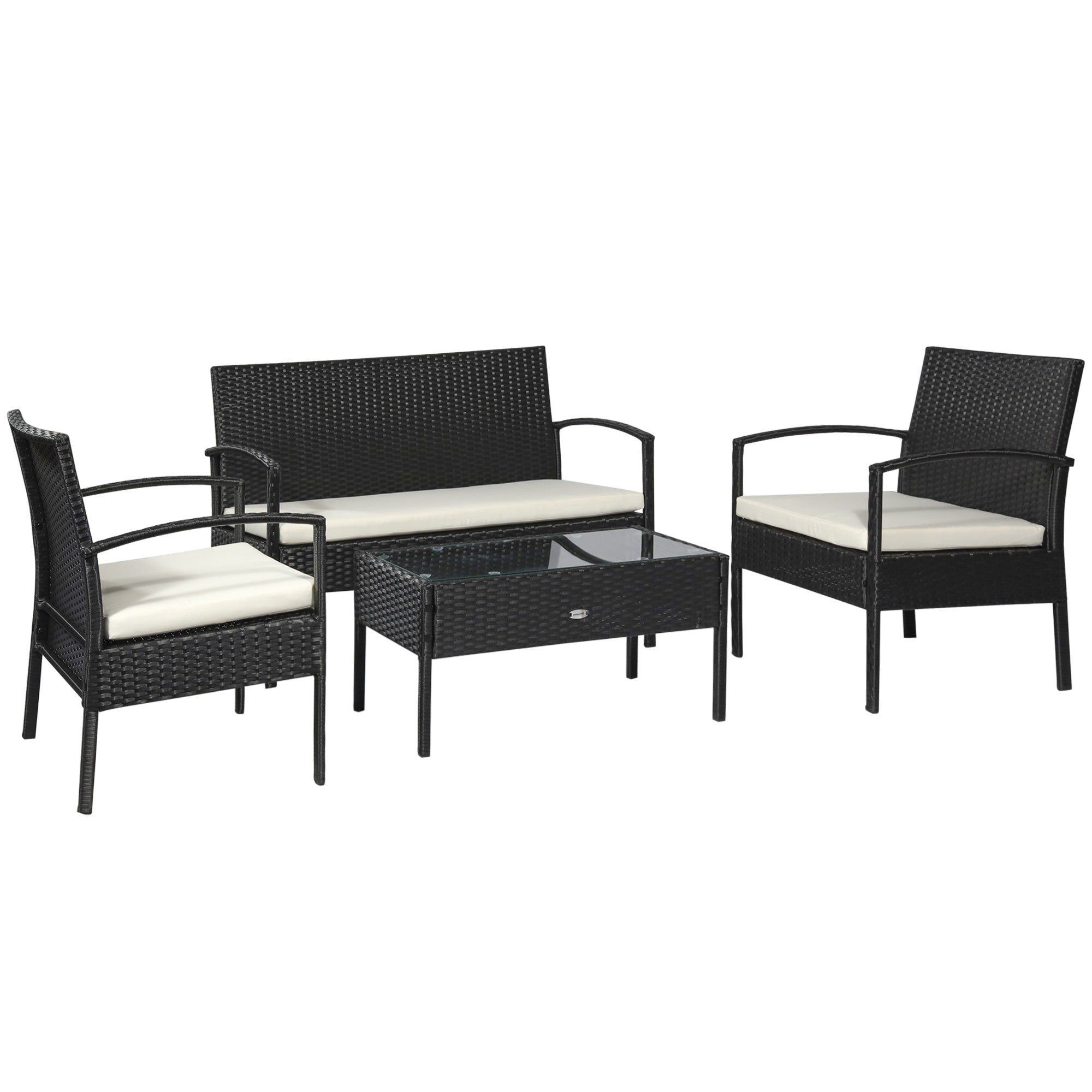 Outsunny 4 Pieces Rattan Garden Furniture Set, 4 Seater Garden Sofa Set with Loveseat, Armchairs and Glass Top Table, Wicker Conservatory Furniture with Cushions for Patio, Balcony, Black