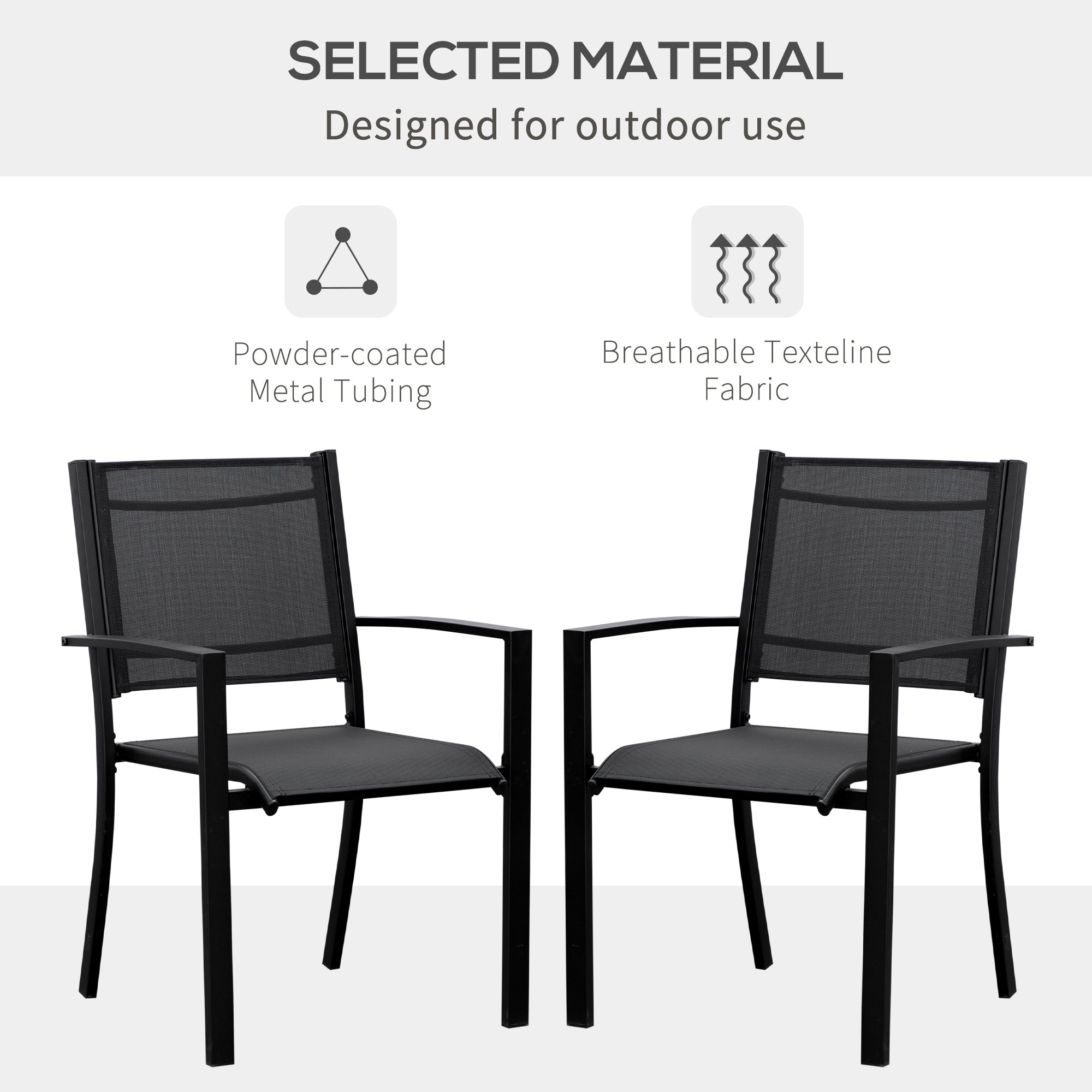 Outsunny Set of 2 Outdoor Garden Chairs with Steel Frame Texteline Seats for Dining Patio Balcony Black