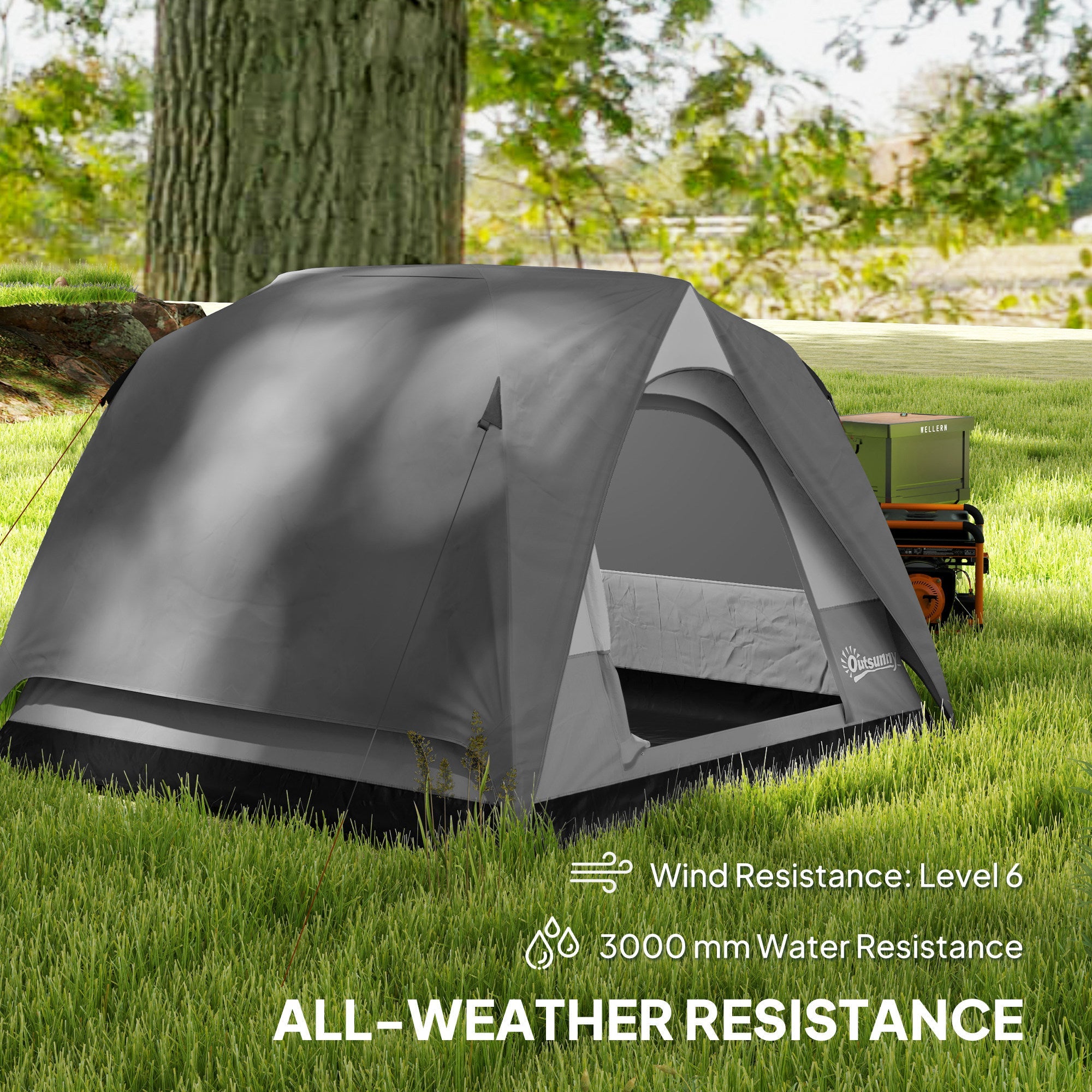 Outsunny 3-4 Person Camping Tent, Easy Set Up 3-4 Man Tent w/ Sewn-in Groundsheet, Waterproof Dome Tent w/ Mesh Windows, Grey