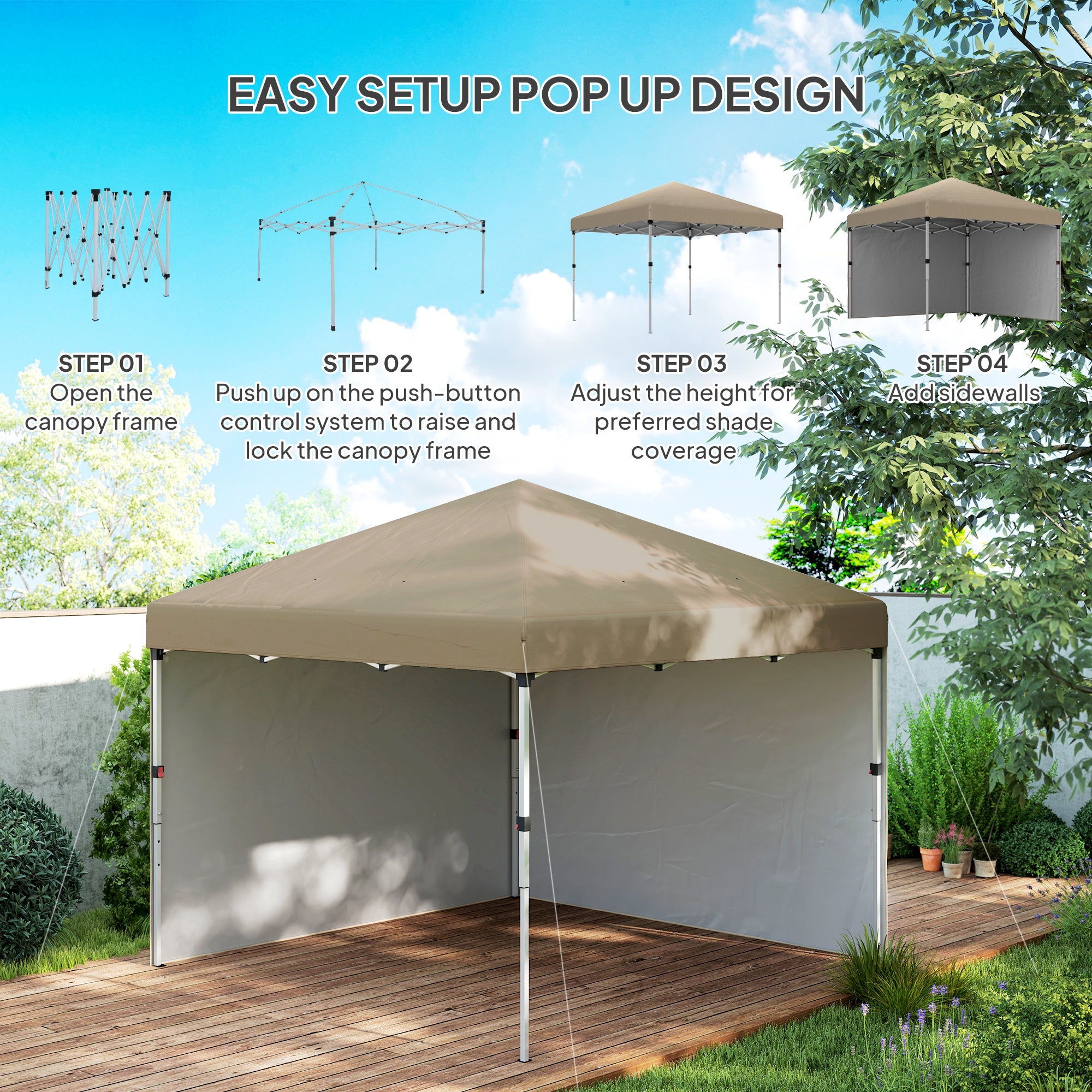 Outsunny 3 x 3 (M) Pop Up Gazebo, UPF 30+ with 2 Sidewalls, Leg Weight Bags and Wheeled Bag, Height Adjustable Party Tent Event Shelter for Garden, Patio, Khaki