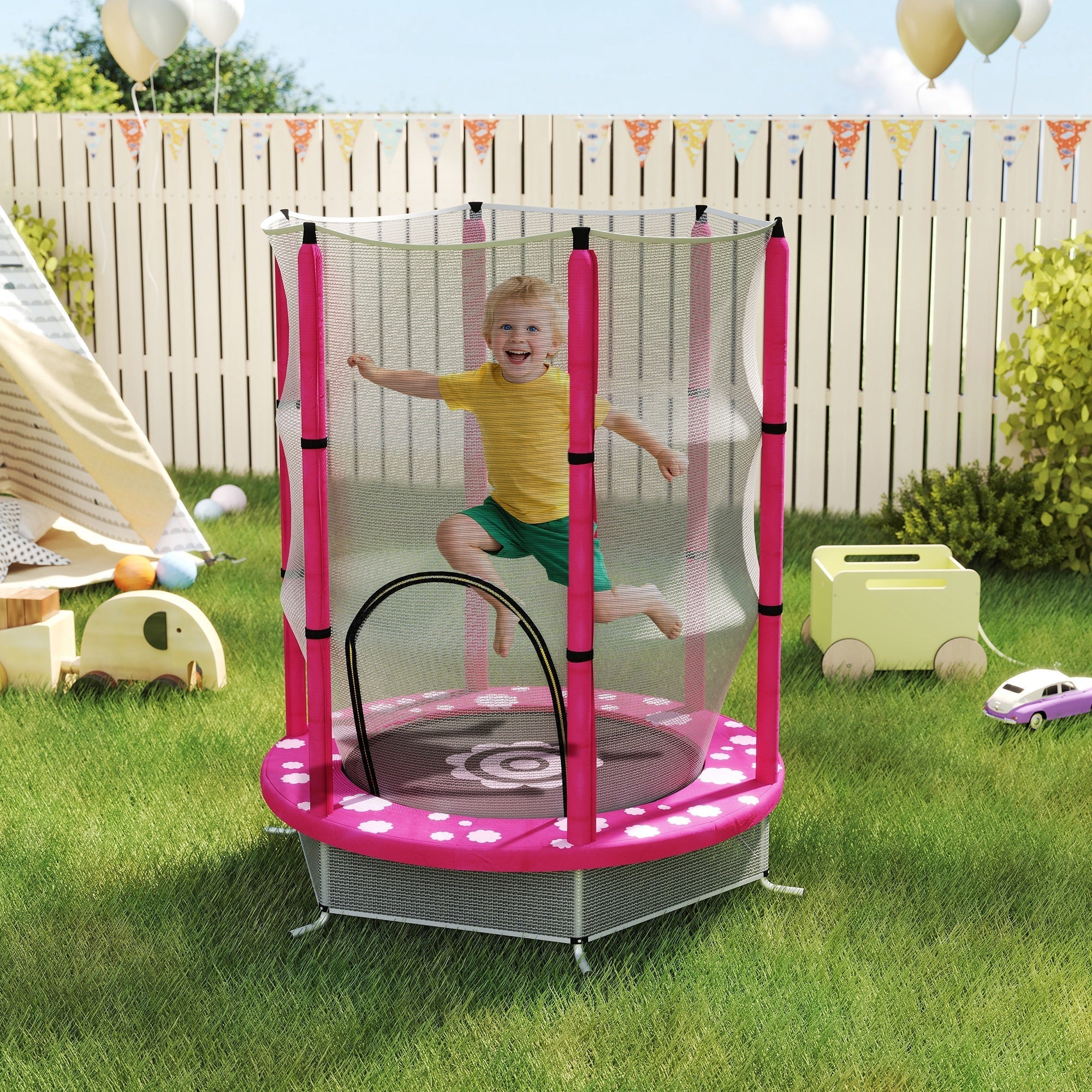AIYAPLAY 4.6ft Toddler Trampoline w/ Safety Enclosure Net, for Indoor Outdoor Use, Ages 3-6 Years, Pink