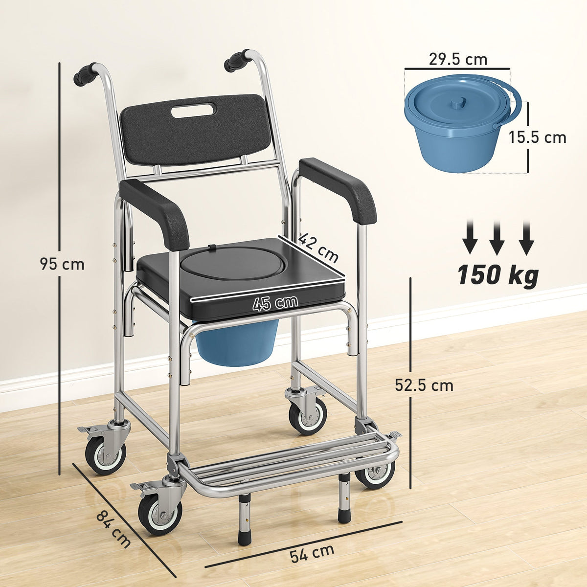 HOMCOM Transport Beside Shower Chair, 3-in-1 Commode Chair with Wheels and Padded Seat, Black