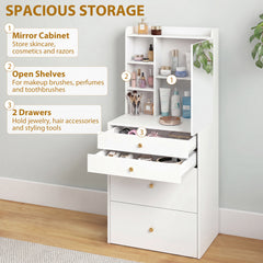 HOMCOM Dressing Table with Mirror and Mobile Storage Stool, Compact Vanity Table with Cabinet, Drawers, Open Shelves, White
