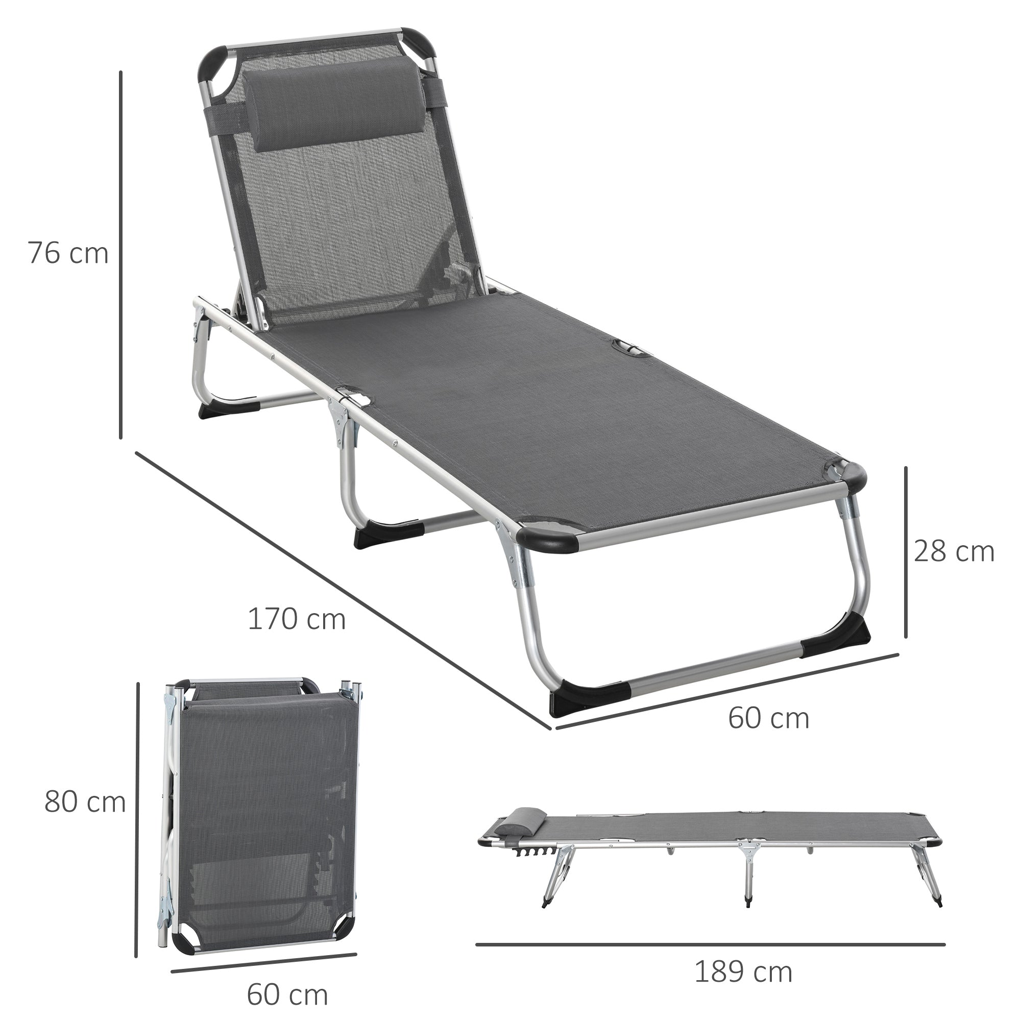 Outsunny Foldable Outdoor Sun Loungers Set of 2, Reclining Lounge Chair Camping Bed Cot with Pillow 4-Level Adjustable Back Aluminium Frame, Grey