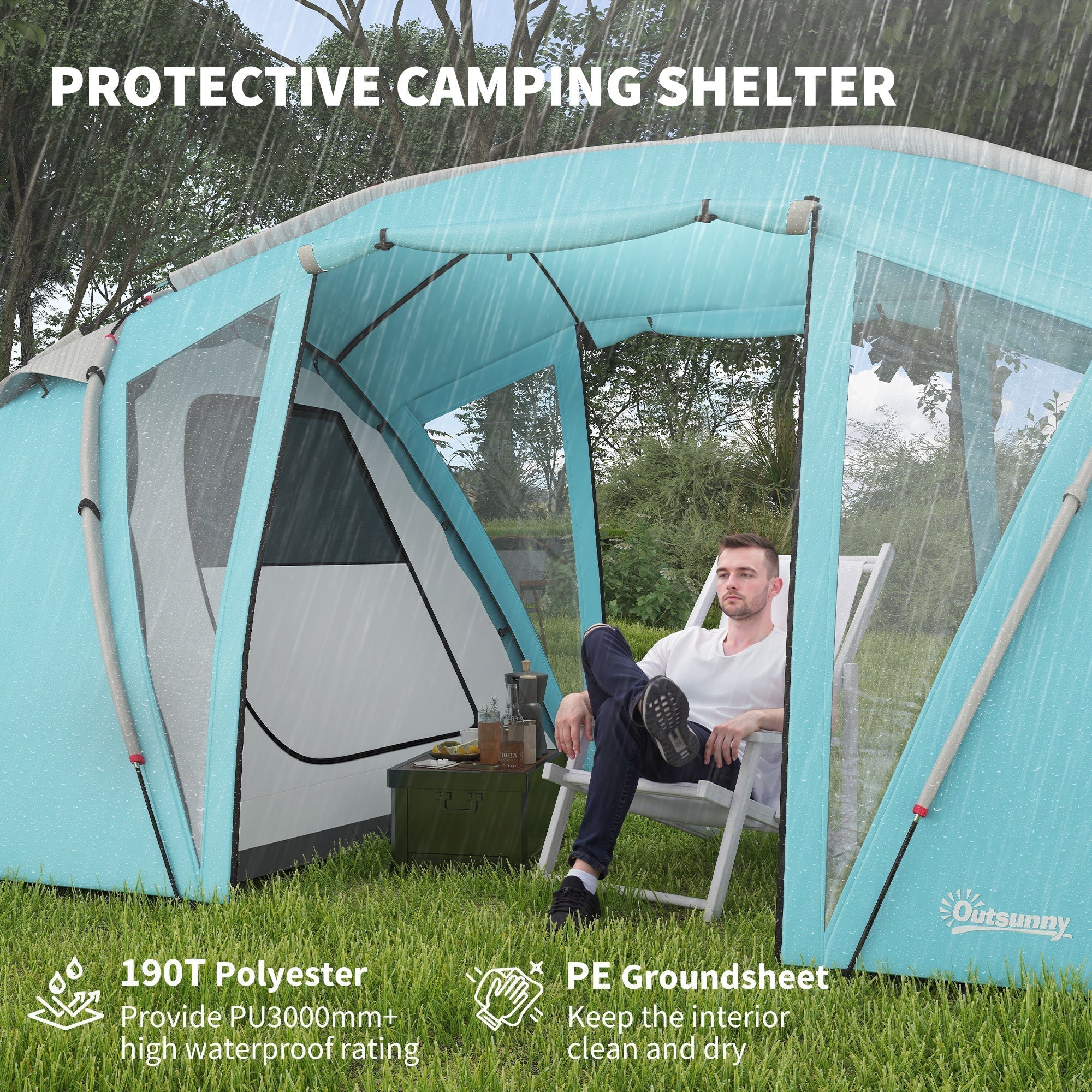 Outsunny 4-6 Man Family Camping Tent w/ 2 Bedrooms and a Living Room, Waterproof Tunnel Tent w/ Sewn In Groundsheet, Doors, Windows, Carry Bag, Blue