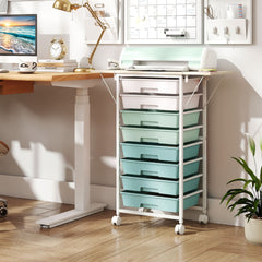 Rolling Cart with 8 Drawers and Foldable Side Panels for Dorm-Green