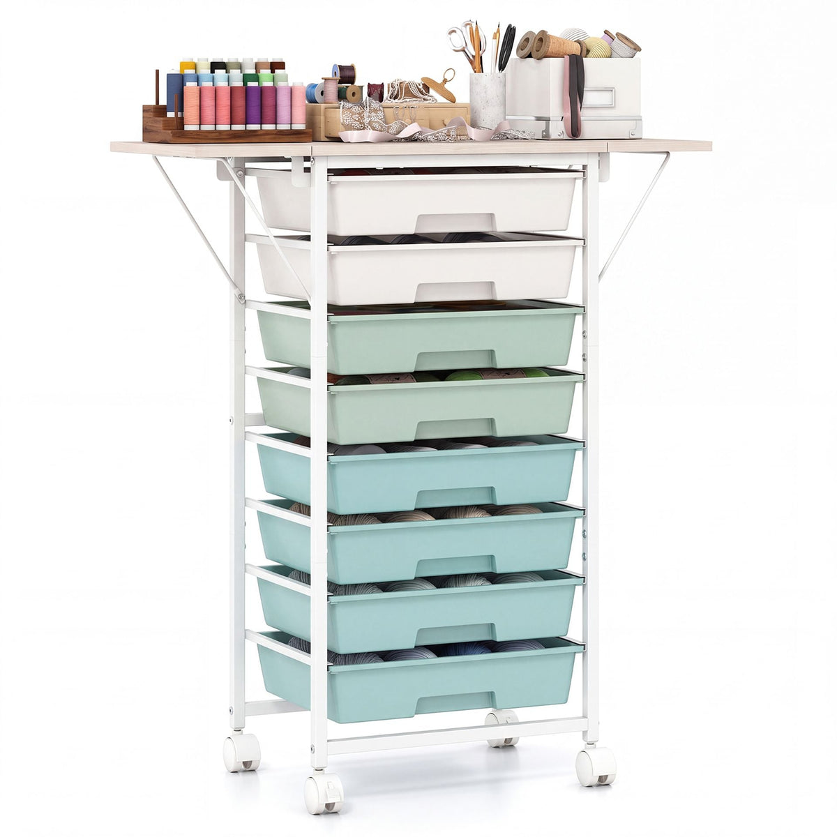 Rolling Cart with 8 Drawers and Foldable Side Panels for Dorm-Green