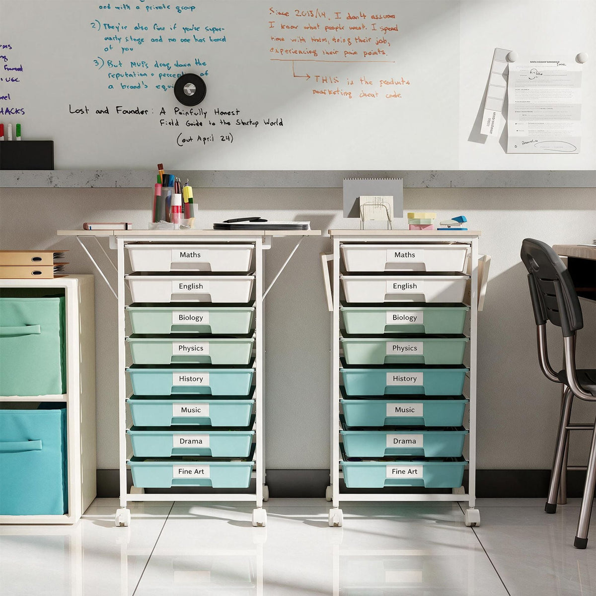 Rolling Cart with 8 Drawers and Foldable Side Panels for Dorm-Green