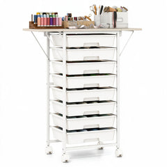Rolling Cart with 8 Drawers and Foldable Side Panels for Dorm-White
