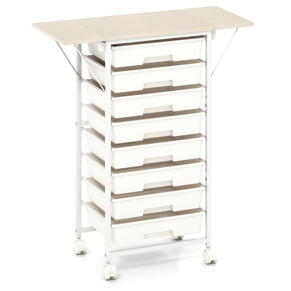 Rolling Cart with 8 Drawers and Foldable Side Panels for Dorm-White