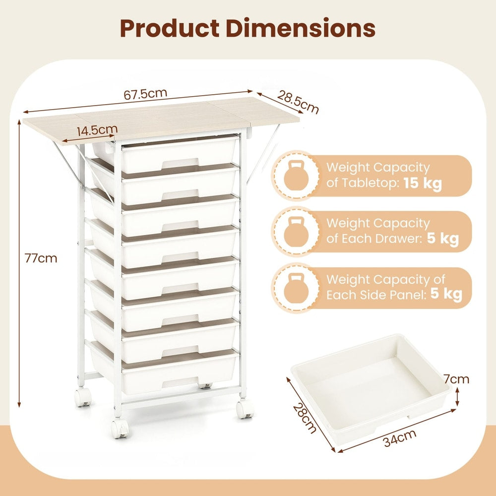 Rolling Cart with 8 Drawers and Foldable Side Panels for Dorm-White