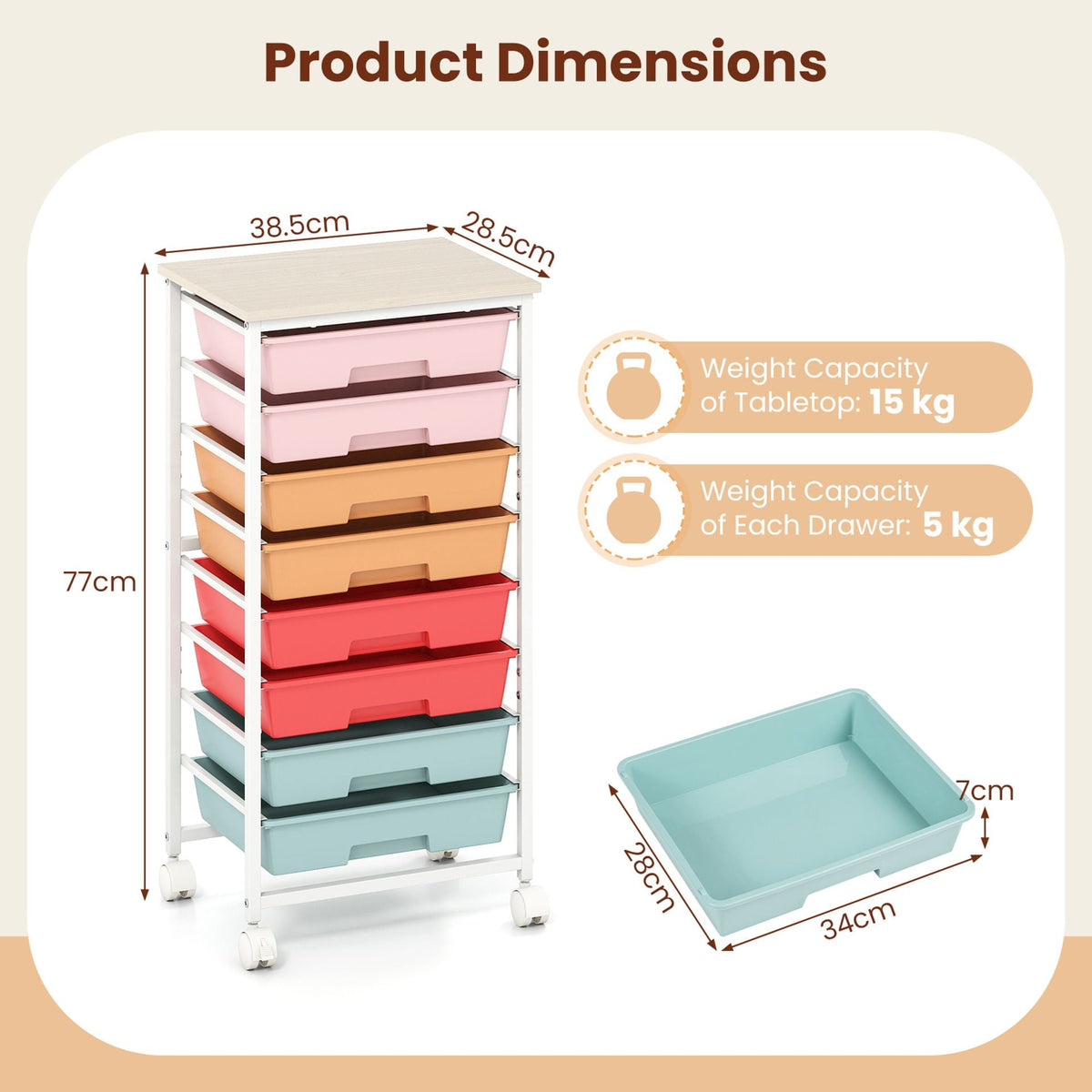 Rolling Cart with 8 Drawers and Lockable Wheels for Dorm- Macaron
