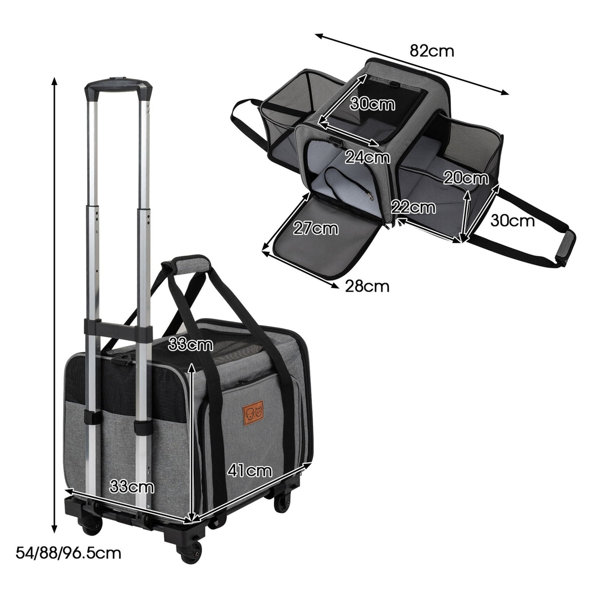 Rolling Cat Carrier with Wheels and Telescopic Handle in Grey, image 3