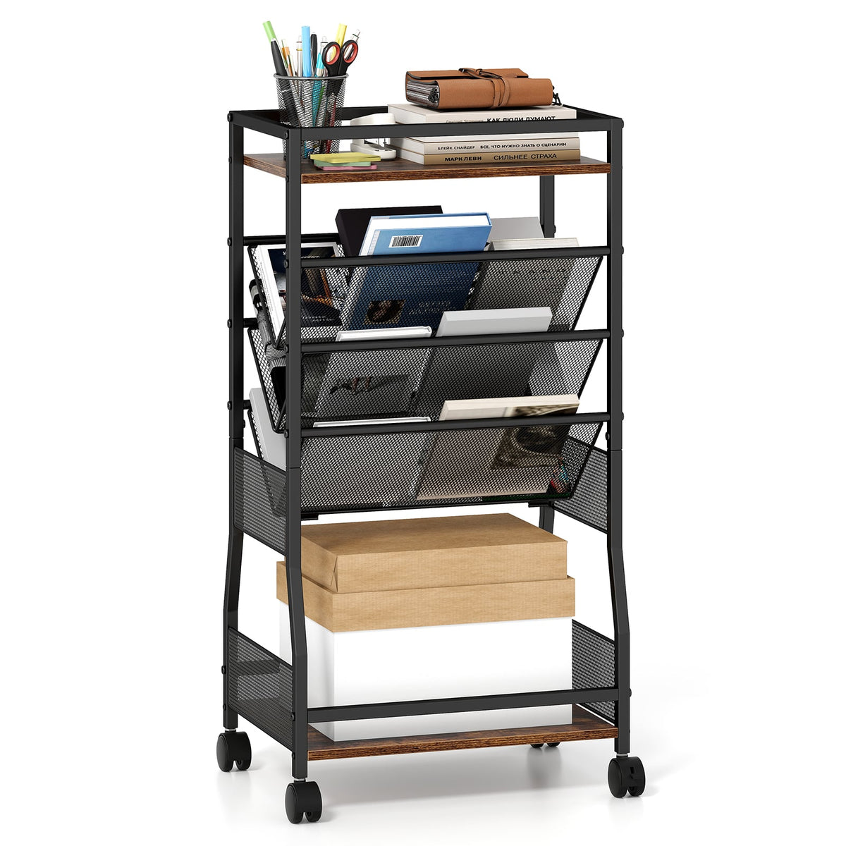 Rolling File Utility Cart with 3 Slanted Side Shelves and Lockable Wheels-Rustic Brown