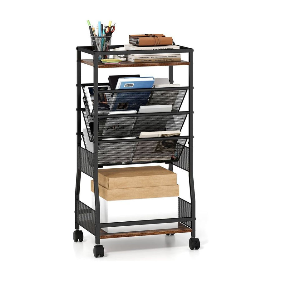 Rolling File Utility Cart with 3 Slanted Side Shelves and Lockable Wheels-Rustic Brown