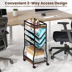 Rolling File Utility Cart with 3 Slanted Side Shelves and Lockable Wheels-Rustic Brown