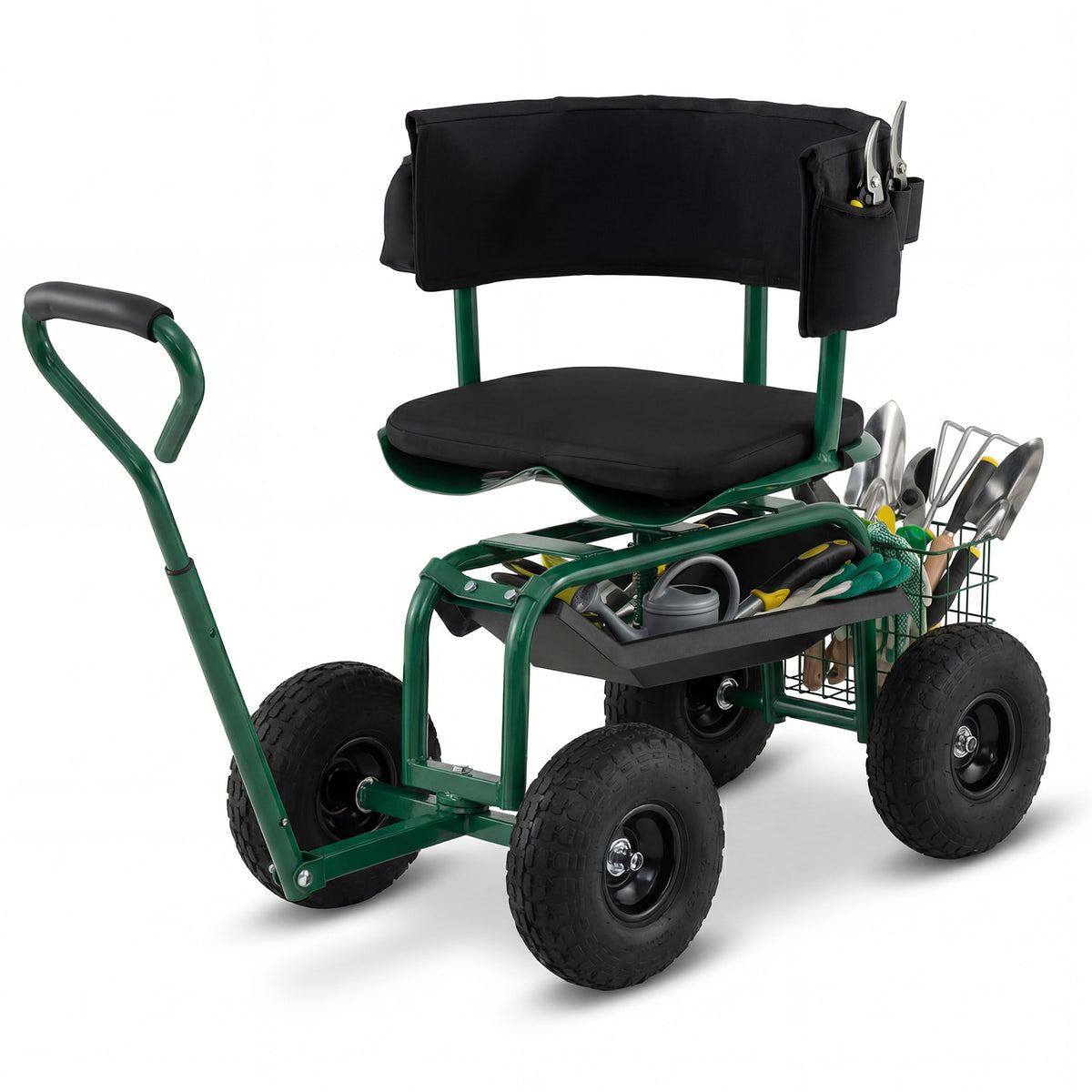 Rolling Garden Work Seat with Wheels Swivel Seat and Extendable Handle-Green