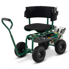 Rolling Garden Work Seat with Wheels Swivel Seat and Extendable Handle-Green