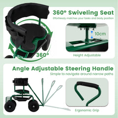 Rolling Garden Work Seat with Wheels Swivel Seat and Extendable Handle-Green