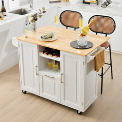 Rolling Kitchen Island Cart with Drop-Leaf Countertop-White