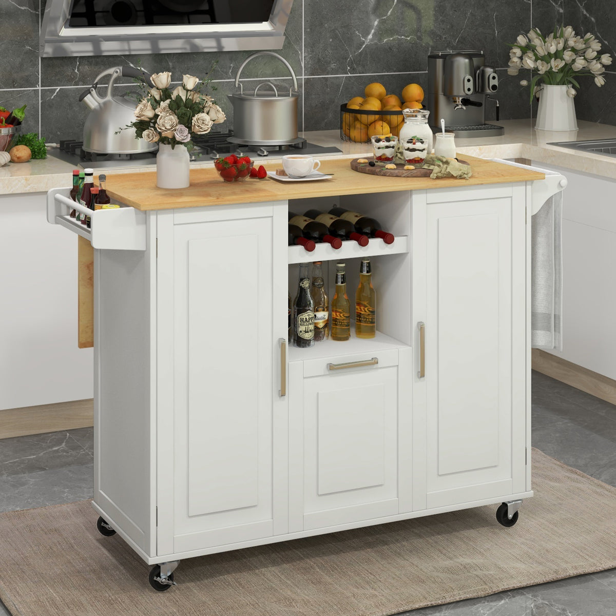 Rolling Kitchen Island Cart with Drop-Leaf Countertop-White