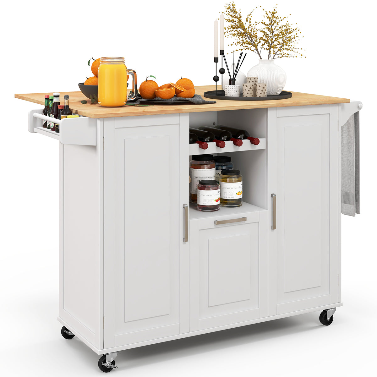 Rolling Kitchen Island Cart with Drop-Leaf Countertop-White