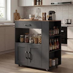 Rolling Kitchen Island with Built-in Charging Station and Lockable Wheels-Black