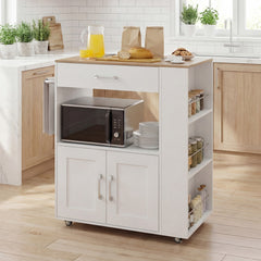 Rolling Kitchen Island with Built-in Charging Station and Lockable Wheels-Natural & White